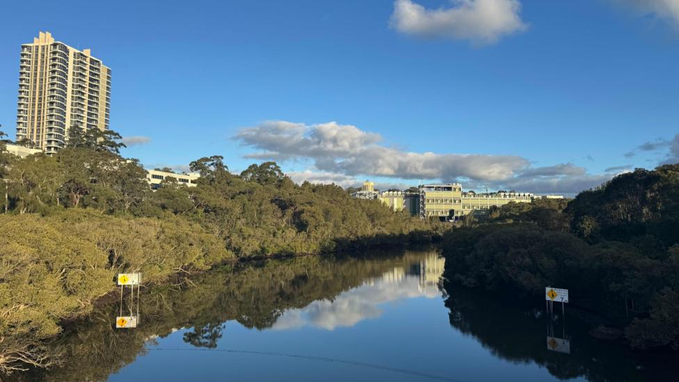 A view of the river, lined with dense green trees on both banks - and the Lane Cove data centre in the background