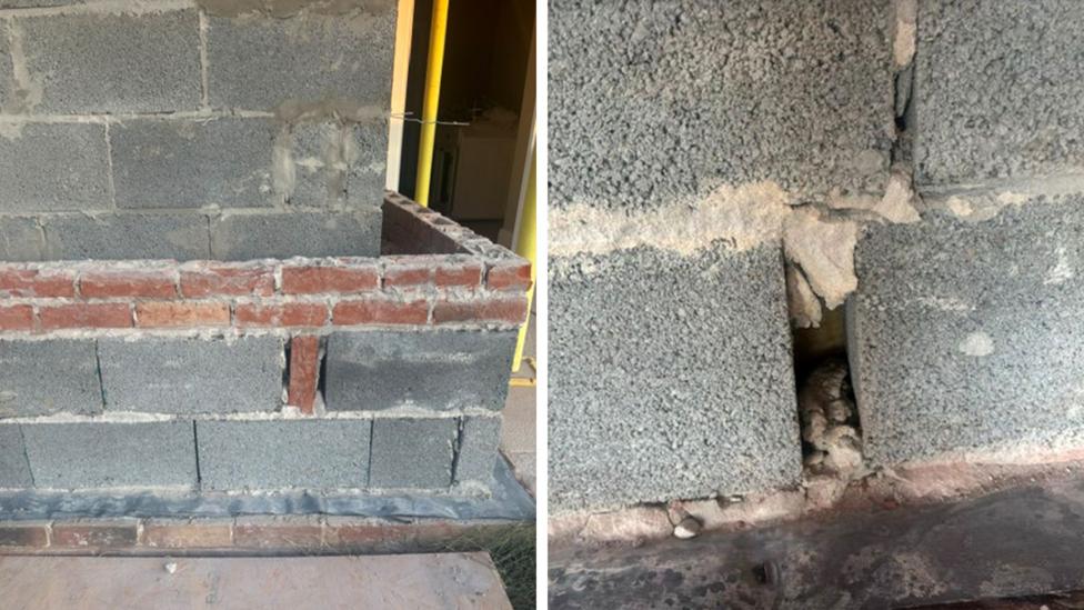 Two views of a masonry wall. The left shows a partially built section of concrete blocks and red bricks with uneven mortar and exposed joints; the right is a close‑up highlighting cracks, gaps and poorly filled mortar between blocks.