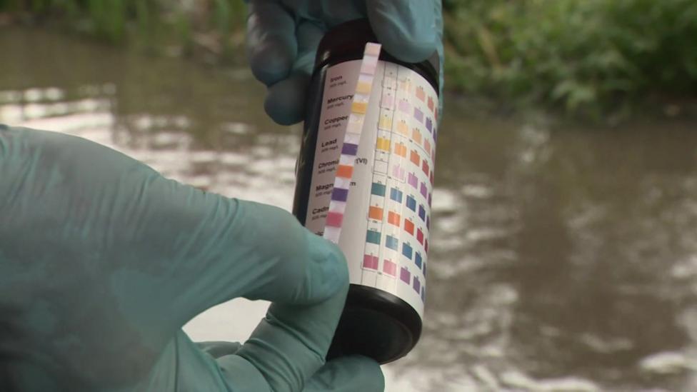 Close-up of a gloved hand checking a strip of paper against a chart to see what chemicals are present in water. There is an out-of-focus stream in the background and some plants at the water's edge.