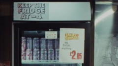 Part of fridge containing drinks which says Keep fridge at -4. There is also a poster saying Daily Special We batter anything £2.05