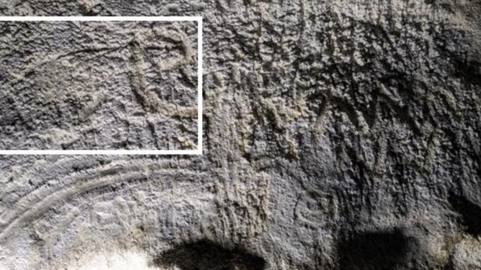 Lit from behind the photographer's beam illuminates the image of what Dr Nash believes to be a mammoth. With its head to the right, a curved tusk is prominent