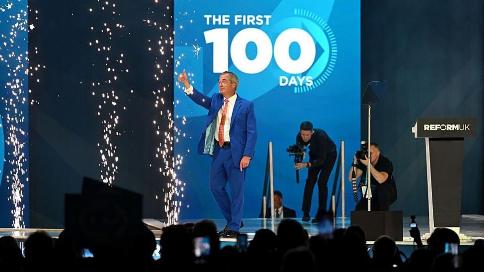 Nigel Farage walks in stage the Reform conference, smiling and giving the audience the thumbs up. He wears a blue suit with a white shirt and red tie. Fireworks come up from the floor and a sign behind him on a big blue screen reads "The first 100 days"