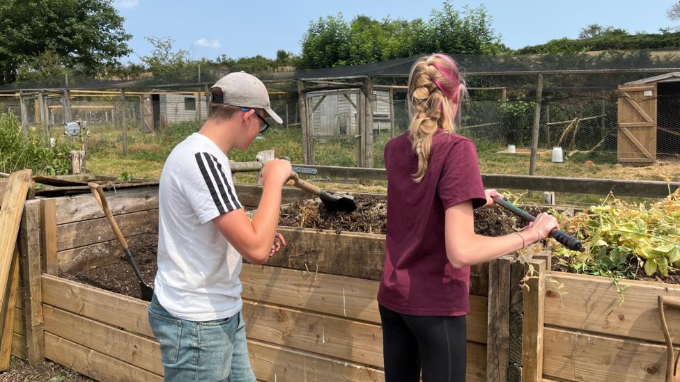 Two young people facing away, both holding shovels using them to pat down the compost heap. In the distance there is a chicken coop.