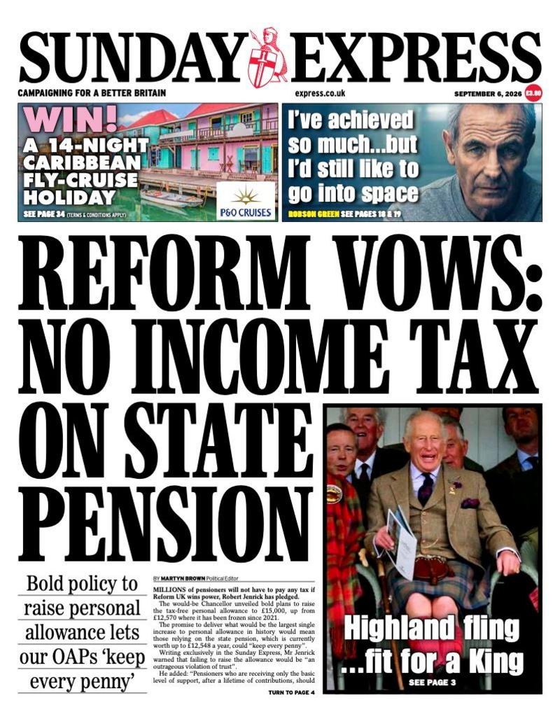 The headline on the front page of the Sunday Express reads: “Reform vows: No income tax on state pension”.