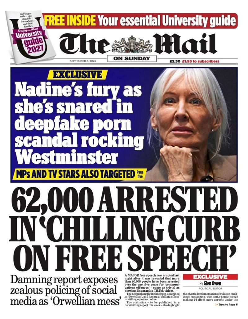 The headline on the front page of the Daily Mail reads: “62,000 arrested in 'chilling curb on free speech'”.