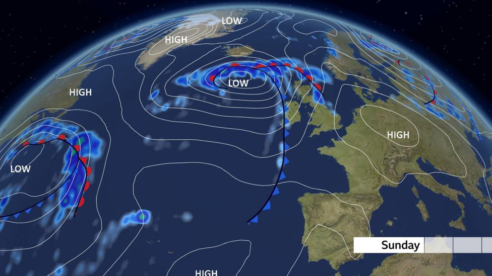 A pressure chart shows the pressure pattern on Sunday