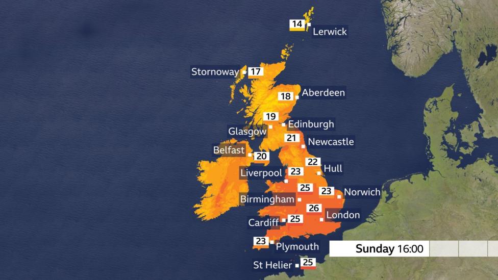 A temperature chart shows a map of the UK and afternoon highs between 14C and 26C north to south