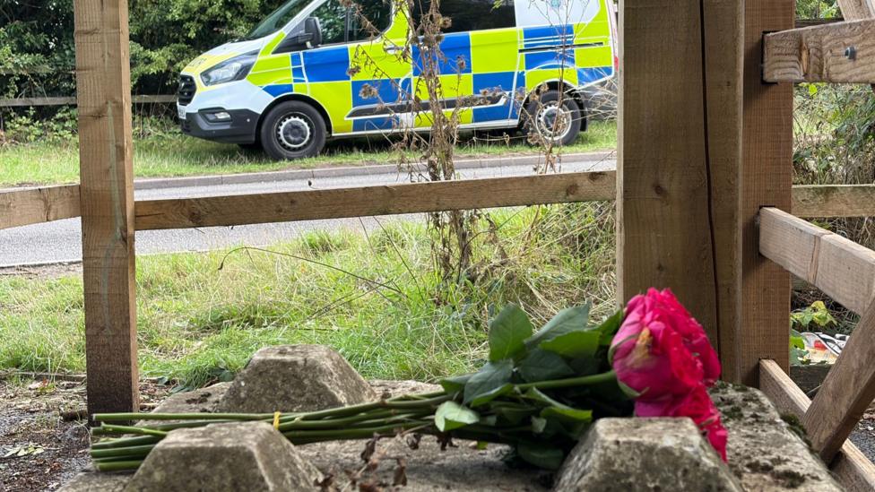 A bunch of roses are lay on their side by a wooden gate. In the distance is a police van.