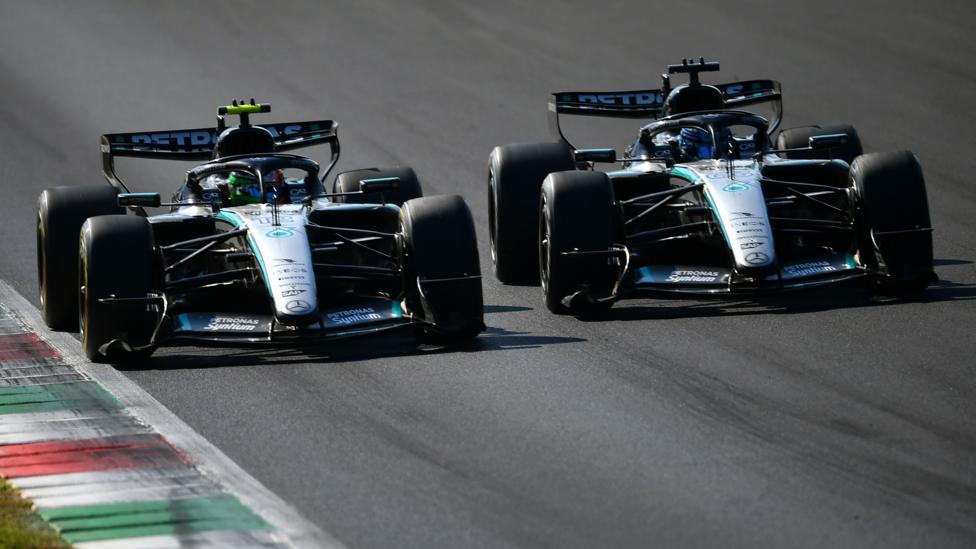 Mercedes' Kimi Antonelli and George Russell side by side while battling for the lead during the Italian Grand Prix