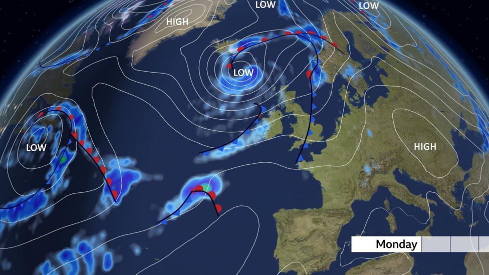 A pressure chart showing the pressure pattern for Monday