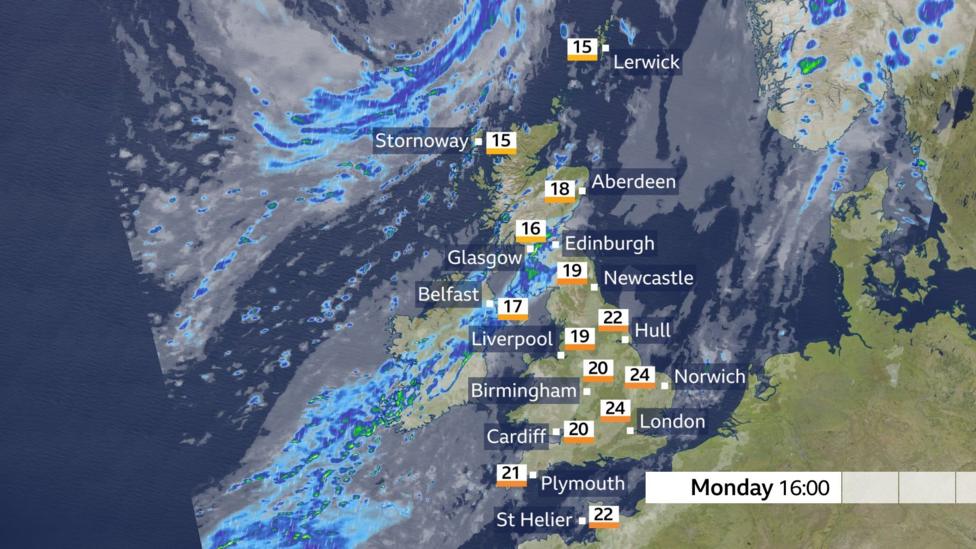 A weather map showing maximum temperatures for Monday peaking between 15 and 24C