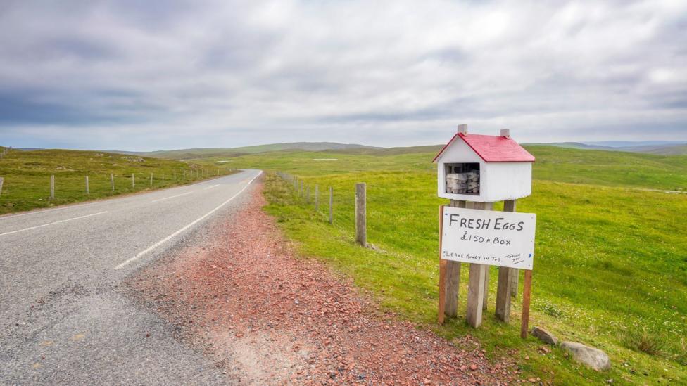 An honesty box selling eggs by the side of a deserted road, winding through green countryside. A sign offers fresh eggs for £1.50 a box. The sky is cloudy.