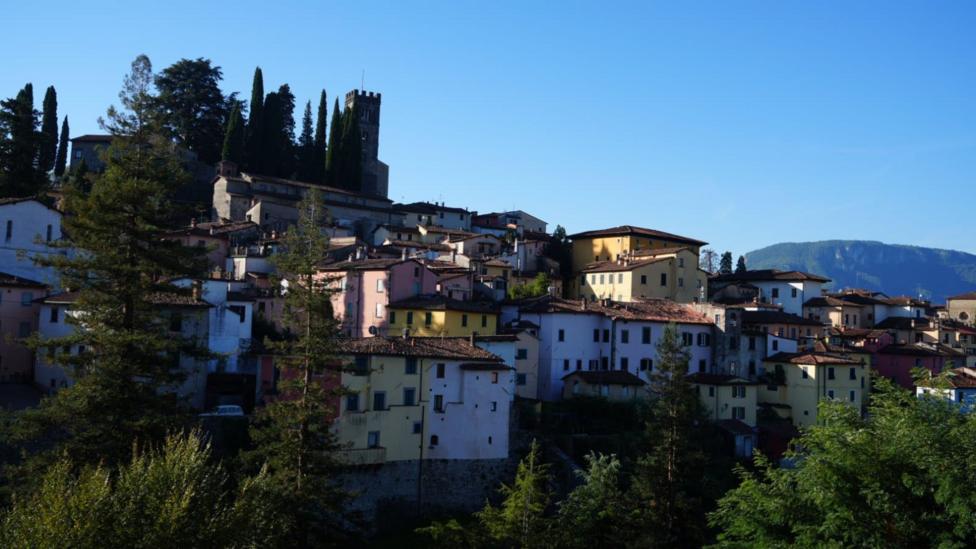 A view of the hill town of Barga with colourful houses surrounded by trees beneath a blue sky