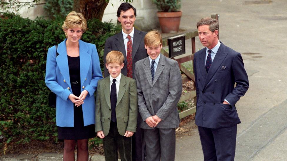 Princess Diana, Prince Harry, Prince William, King Charles and a teacher at Eton in 1995
