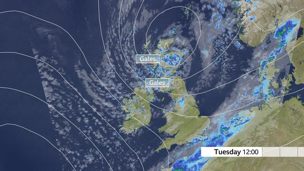 Radar and pressure map of UK for weather at 12:00 on Tuesday. It depicts strong winds across the northern half of the UK and areas of rain across the south-east and showers across Scotland, Northern Ireland and northern England.