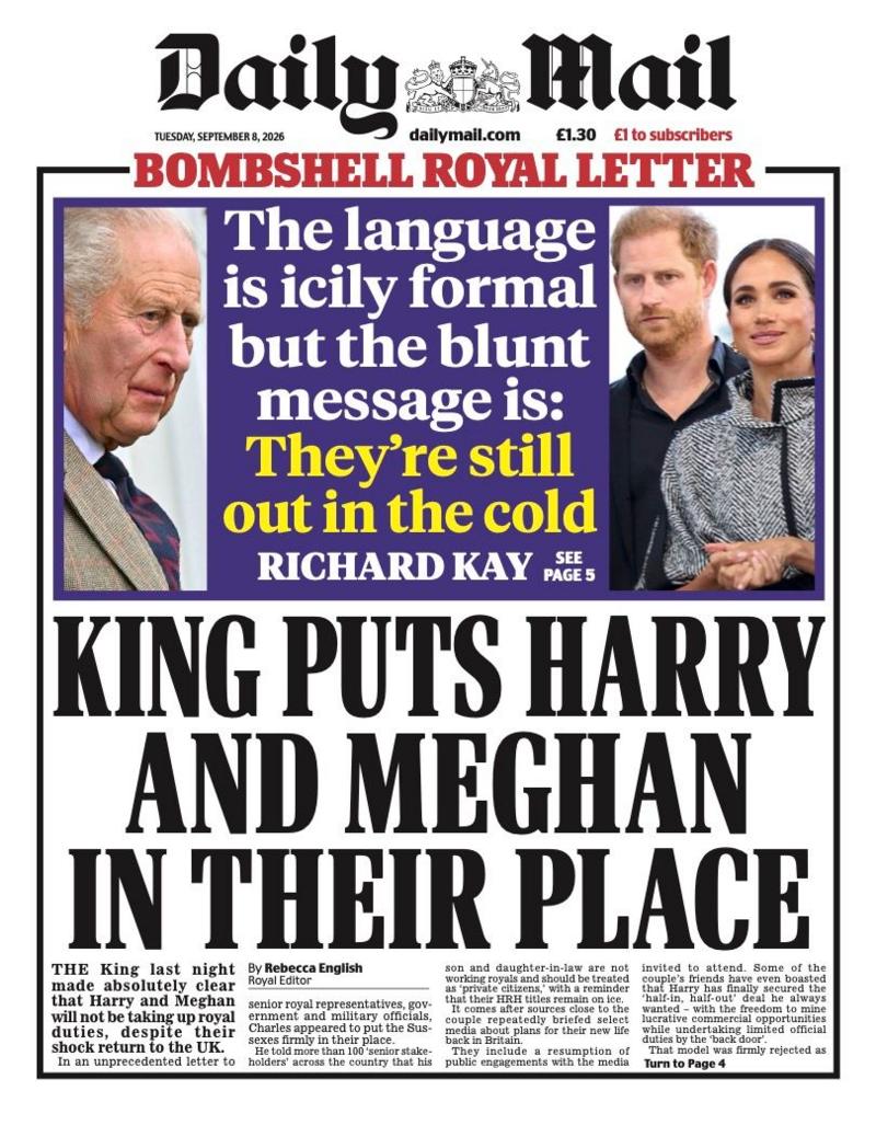"King puts Harry and Meghan in their place" reads the headline on the front page of the Daily Mail.
