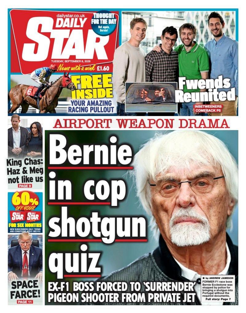 "Bernie in cop shotgun quiz" reads the headline on the front page of the Star.