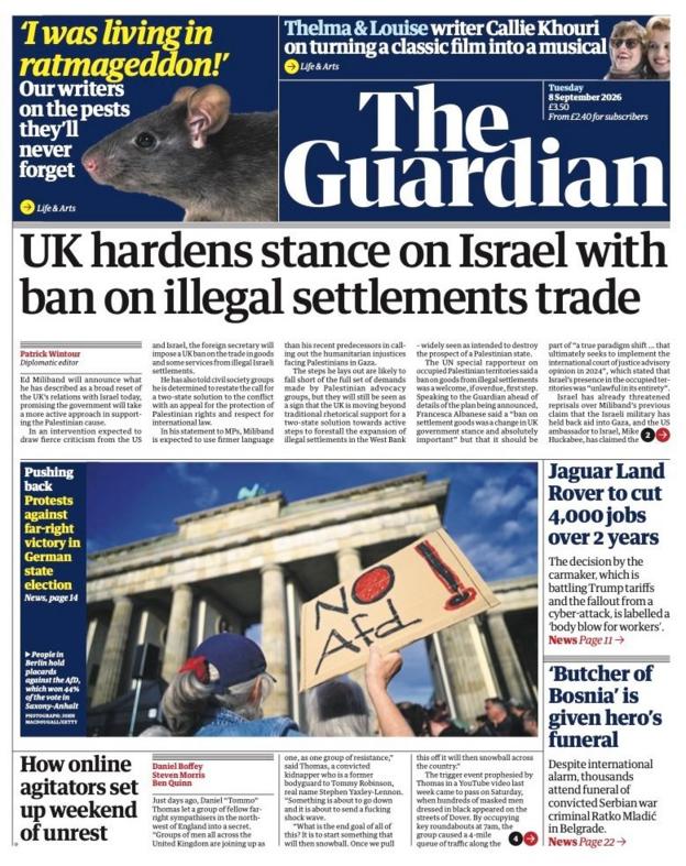 "UK hardens stance on Israel with ban on illegal settlements trade" reads the headline on the front page of .