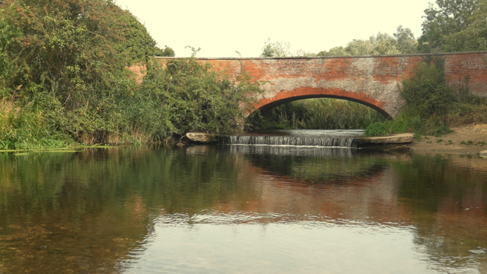 A single-arched red brick bridge over a river. There is a weir just in front of the bridge, and trees and bushes on both banks.