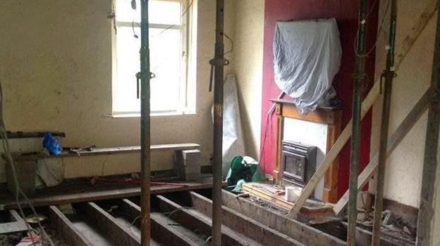 Inside the home of Sheri Ingram's former partner, where the couple were previously renovating. Incomplete construction work can be seen in the room, left by convicted rogue builder, Lee Slocombe.