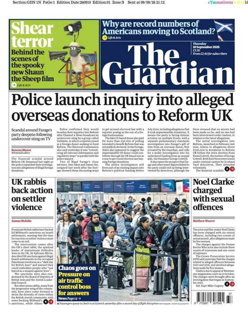 The front page headline of reads: "Police launch inquiry into alleged overseas donations to Reform UK."