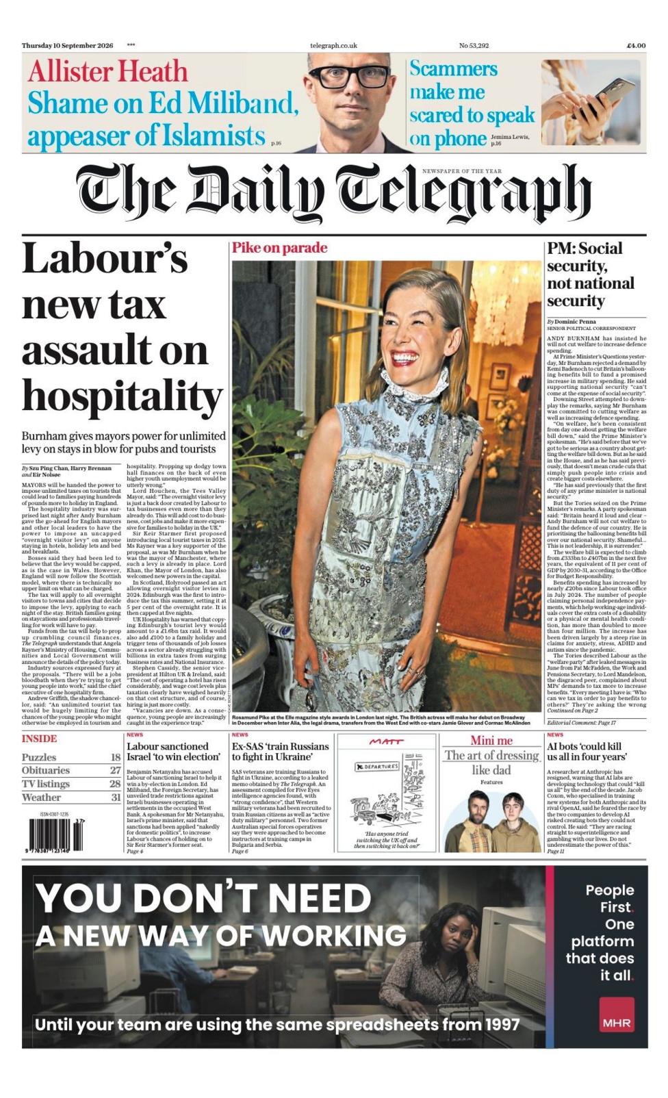 The front page headline of the Daily Telegraph reads: "Labour's new tax assault on hospitality."