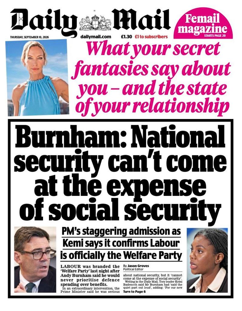 The front page headline of the Daily Mail reads: "Burnham: National security can't come at the expense of social security"