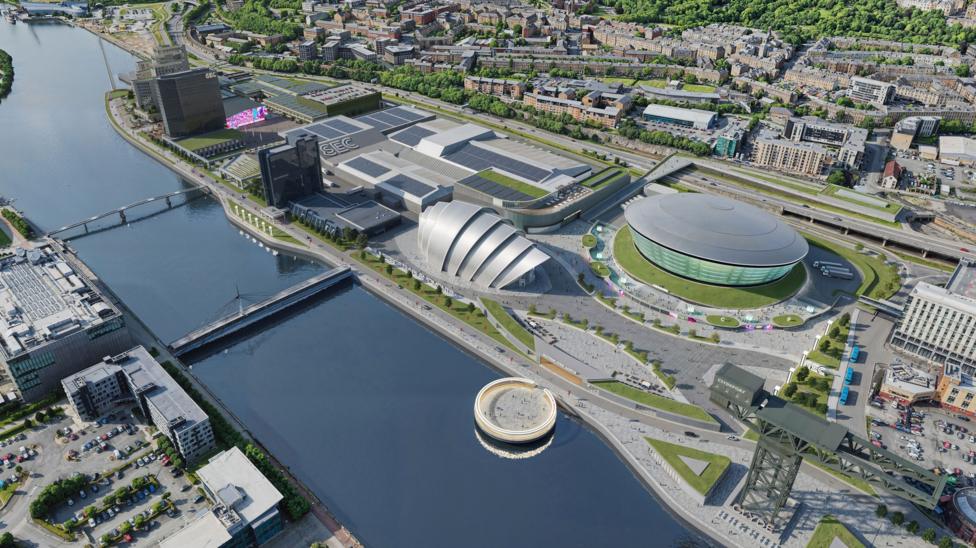 Am artist's impression of the SEC Campus sitting along the River Clyde, looking down from the air. Visible are the three main conference and events venues, along with a new space behind them, hat looks like an open air events space.