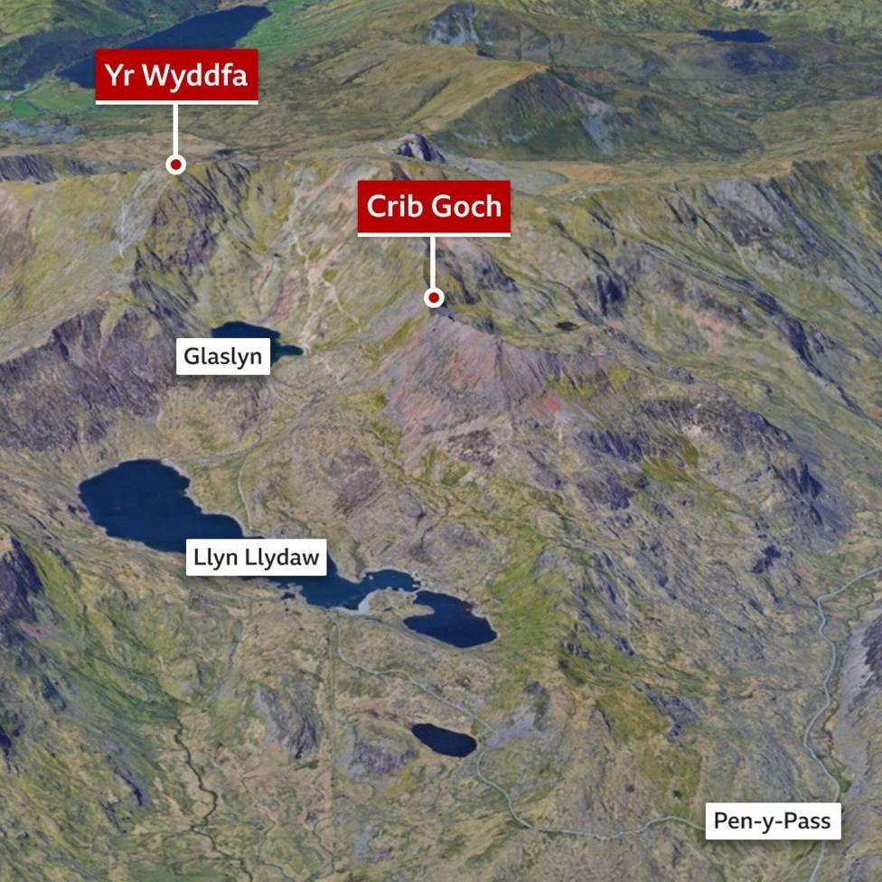 A map showing Yr Wyddfa - pointing at locations including Crib Goch and Pen-y-Pass