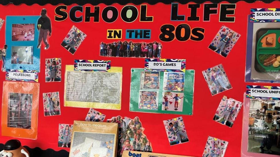 A red school notice board with a black border with pictures and 'school life in the 80s' title.