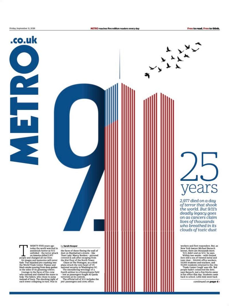 The headline on the front page of the Metro reads: “911: 25 years”.