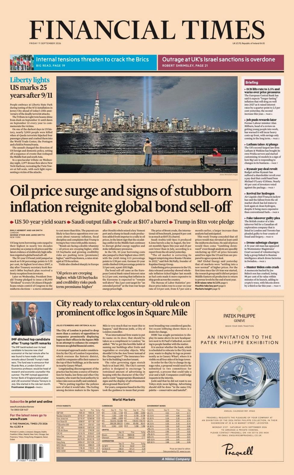 The headline on the front page of the Financial Times reads: “Oil price surge and signs of stubborn inflation reignite global bond sell-off”.
