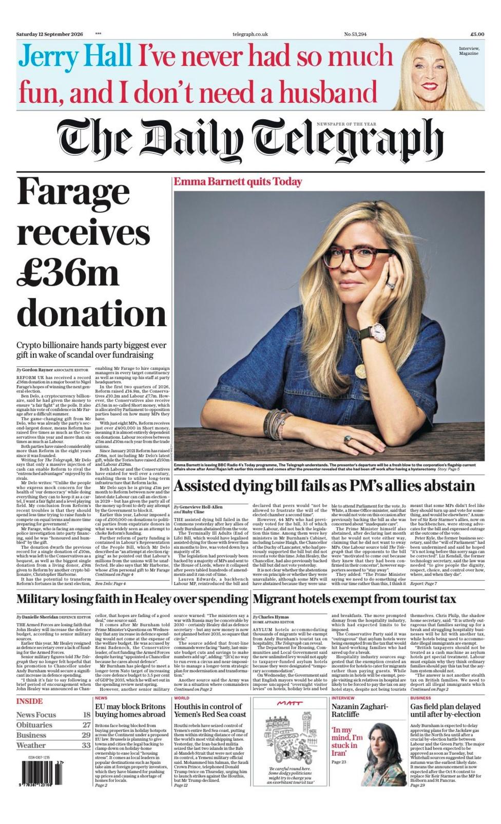 The headline on the front page of the Daily Telegraph reads: “Farage recieved £36m donation”.