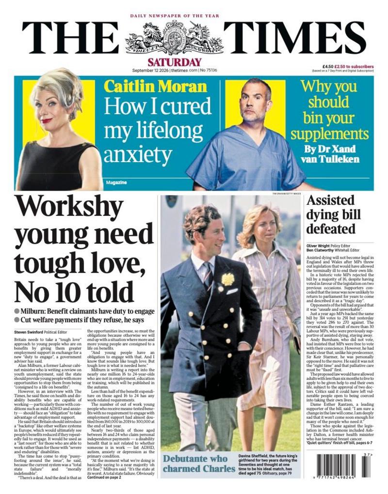 The headline on the front page of the Times reads: “Workshy young need tough love, No 10 told”.