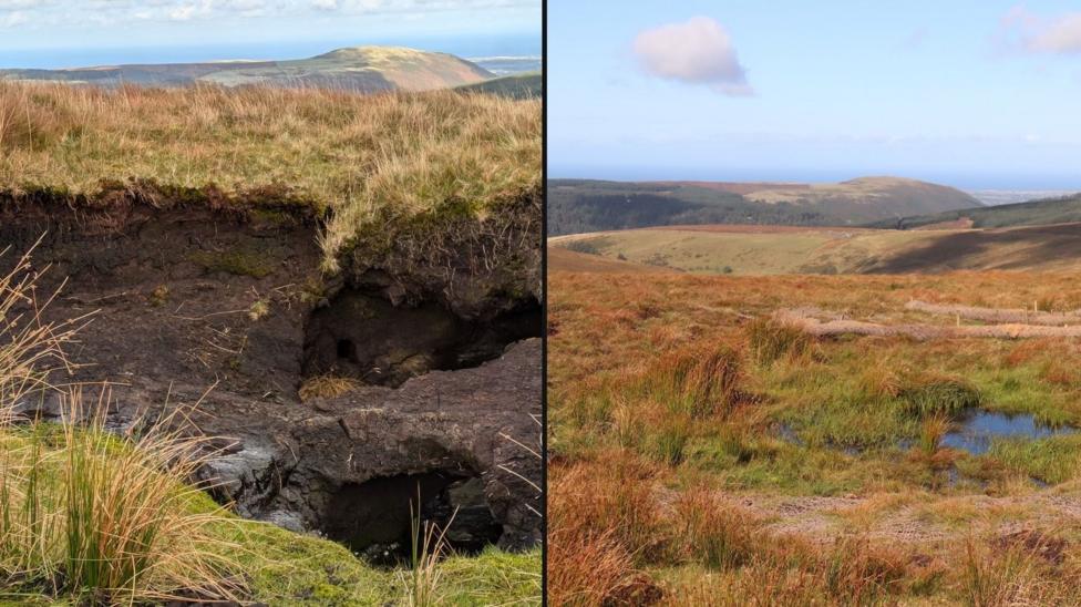 A before and after - on the left is a collapsed black hole of ground and on the right is a grassy pond