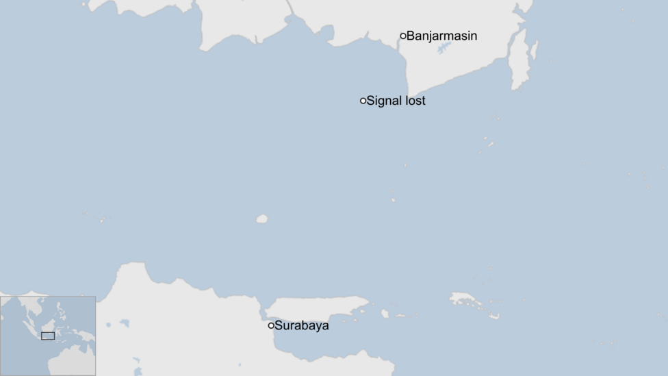A map showing part of Indonesia. The city of Surabaya is shown in the south west and Banjarmasin is shown to the north. A circle with the text "signal lost" is south of Banjarmasin.