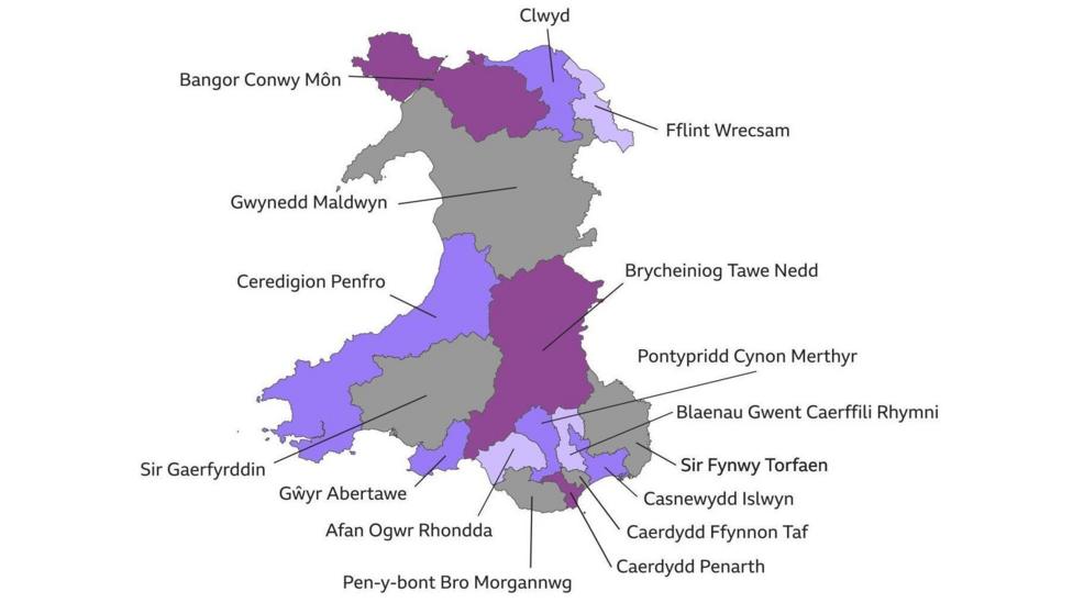 A map of the 16 Welsh constituencies