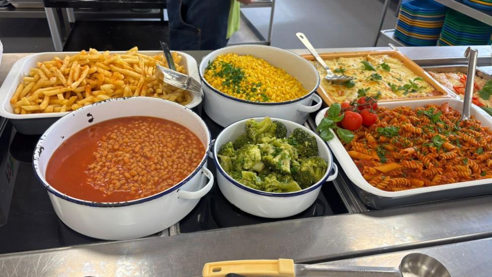 Chips, beans, sweetcorn, broccoli, pizza and pasta on offer for children's school lunch