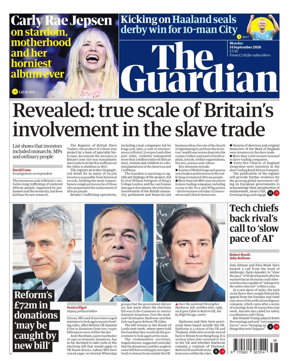 "Revealed: true scale of Britain's involvement in the slave trade," reads the headline on the front page of .
