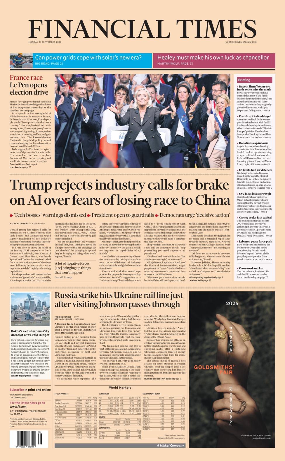 "Trump rejects industry calls for brake on Al over fears of losing race to China," reads the headline on the front page of the Financial Times.