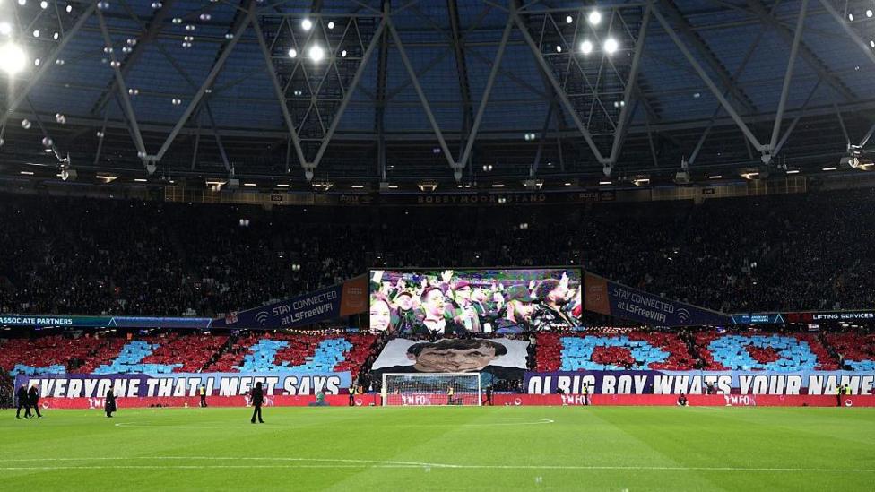 West Ham fans create a tifo of appreciation for Ludek Miklosko at a home match against Liverpool in December 2024