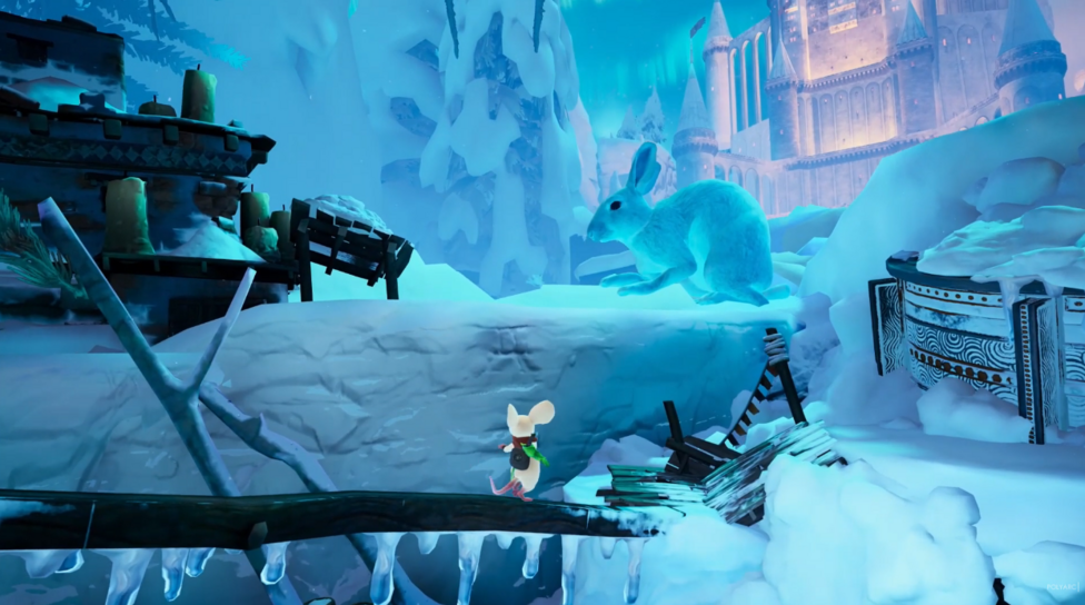A small mouse character moving through a cold wintery environment. A large rabbit is visible in the background.
