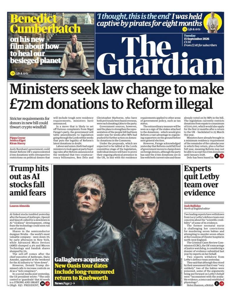 The headline on the front page of reads: 'Ministers seek law change to make £72m donations to Reform illegal.'