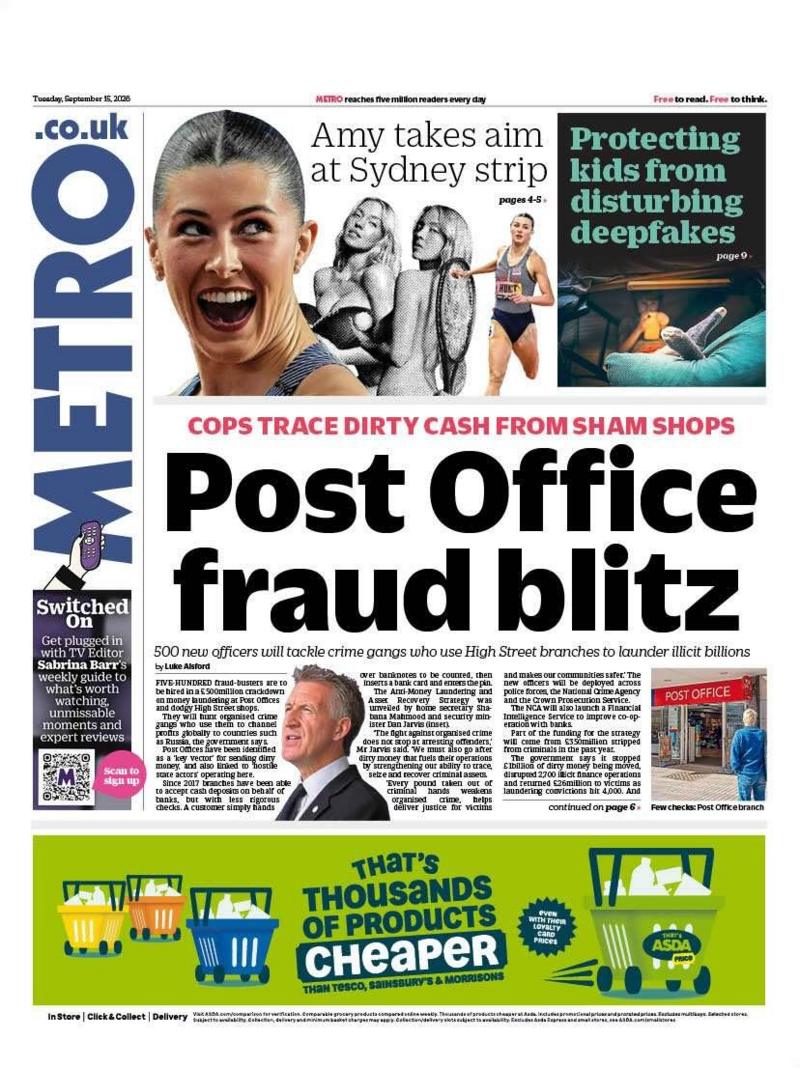 The headline on the front page of the Metro reads: 'Post Office fraud blitz.'