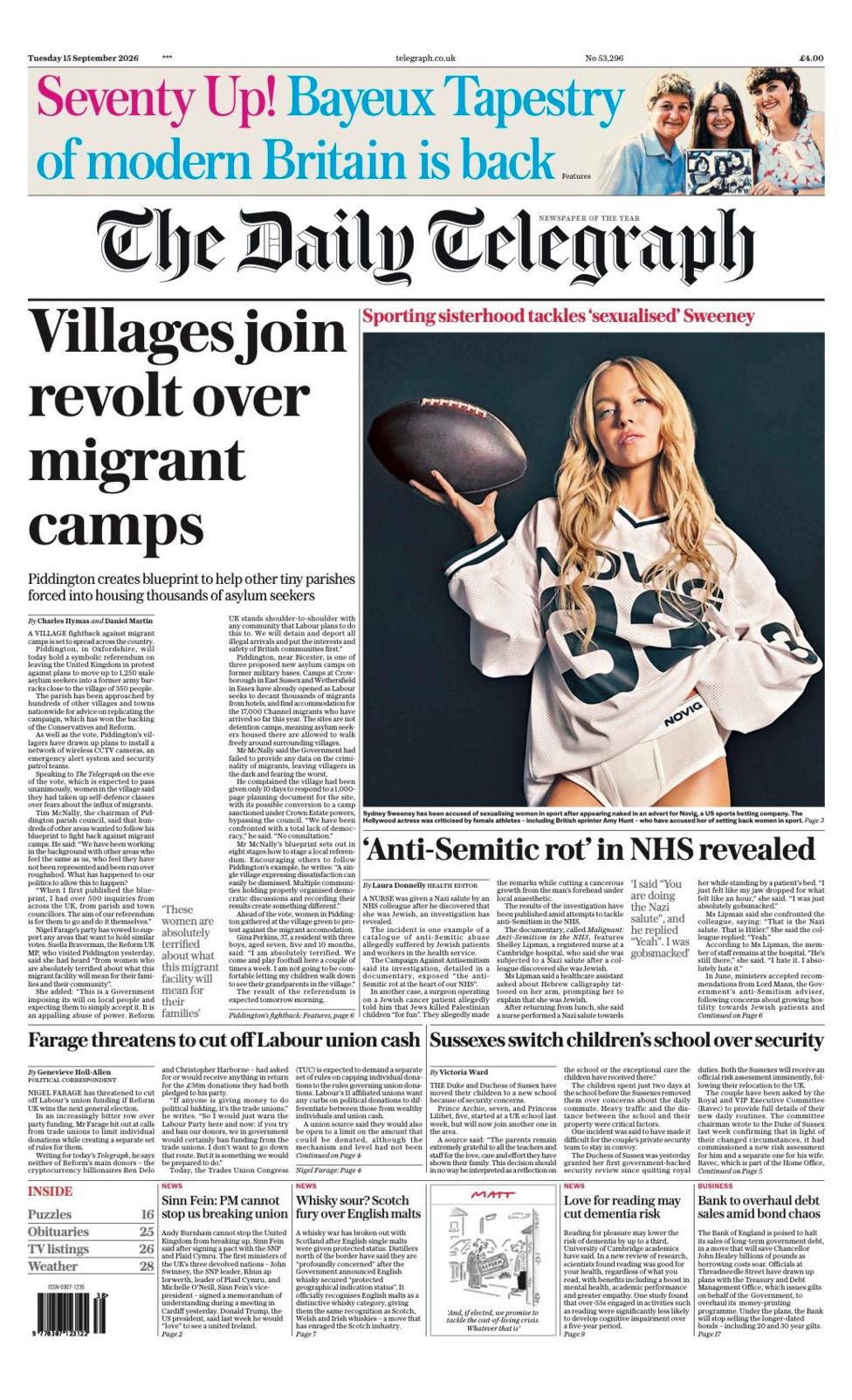 The headline on the front page of the Daily Telegraph reads: 'Villages join revolt over migrant camps.'