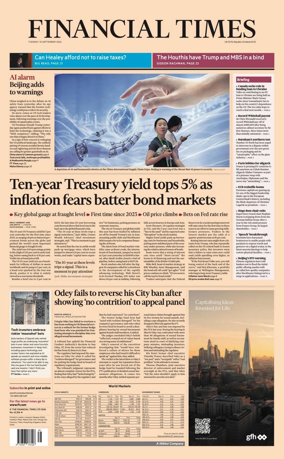 The headline on the front page of the Financial Times reads: 'Ten-year Treasury yields tops 5% as inflation fears batter bond markets.'