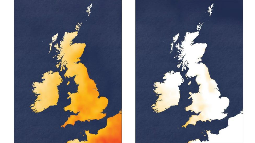 Two maps of the UK, the one on the left is coloured orange and the one on the right is white