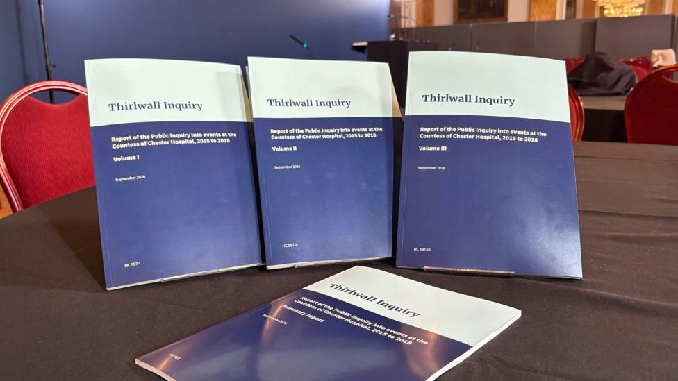 Image shows the three volumes of the Thirlwall Inquiry - they are A4 booklets, half blue and half white on the covers.