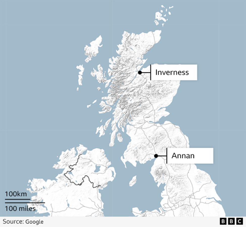 A map showing the distance between Inverness and Annan