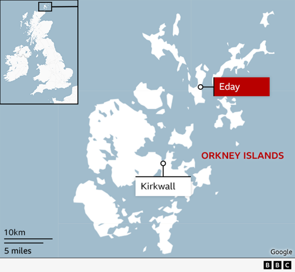 A map showing Eday in the Orkney Islands in relation to Kirkwall